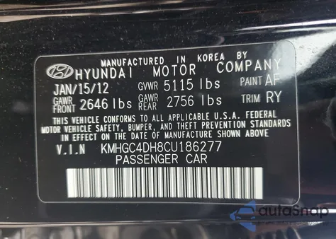 2012 Hyundai Genesis 5.0L z USA, uszkodzony, nr VIN KMHGC4DH8CU186277